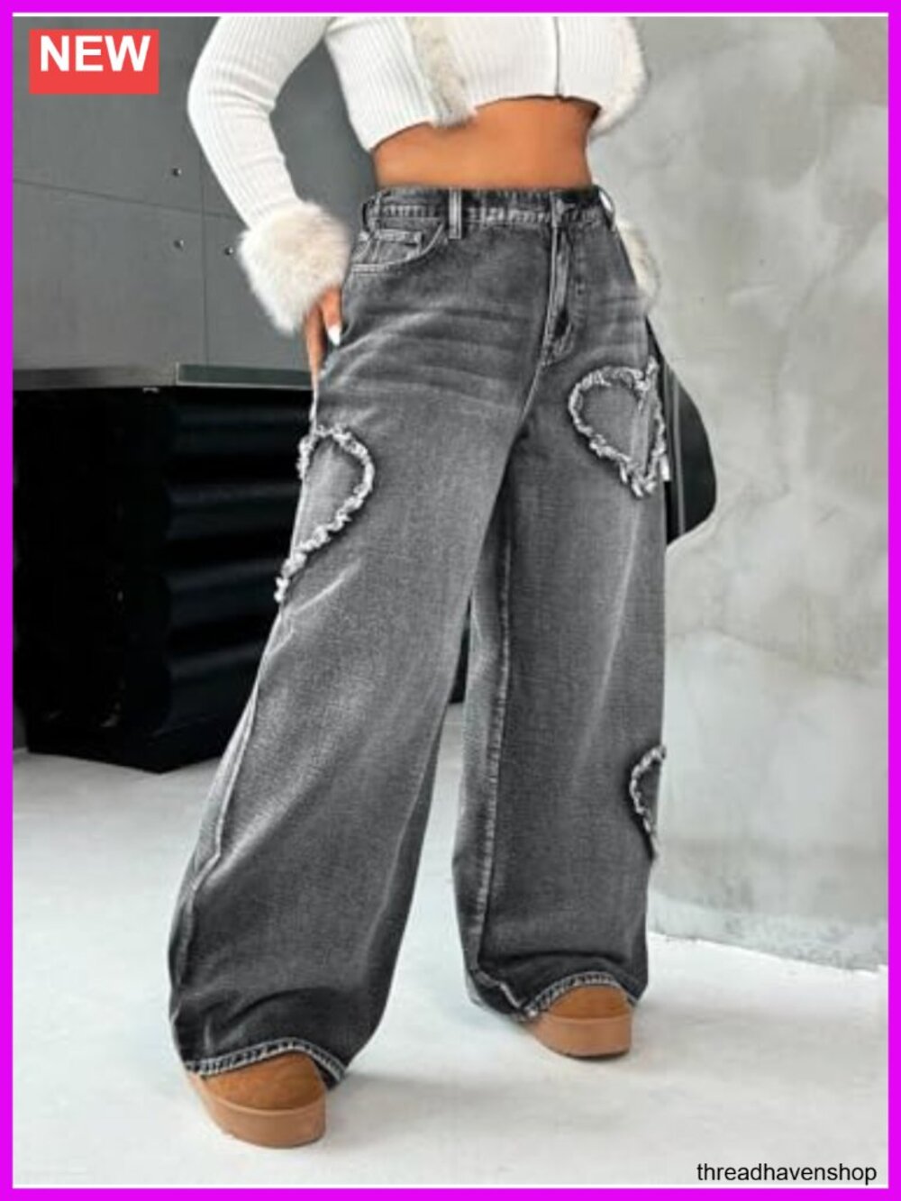 High Waisted Wide Leg Distressed Heart Pattern Jeans Stretch Denim - Picture 4 of 5